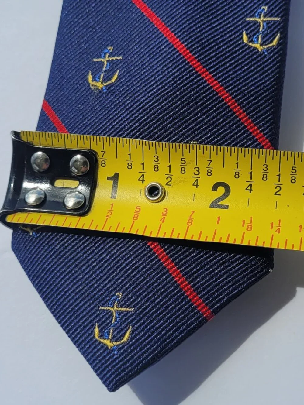 J Crew Men's 100% Silk Tie Anchor Striped Classic Navy Blue & Red Embroidered